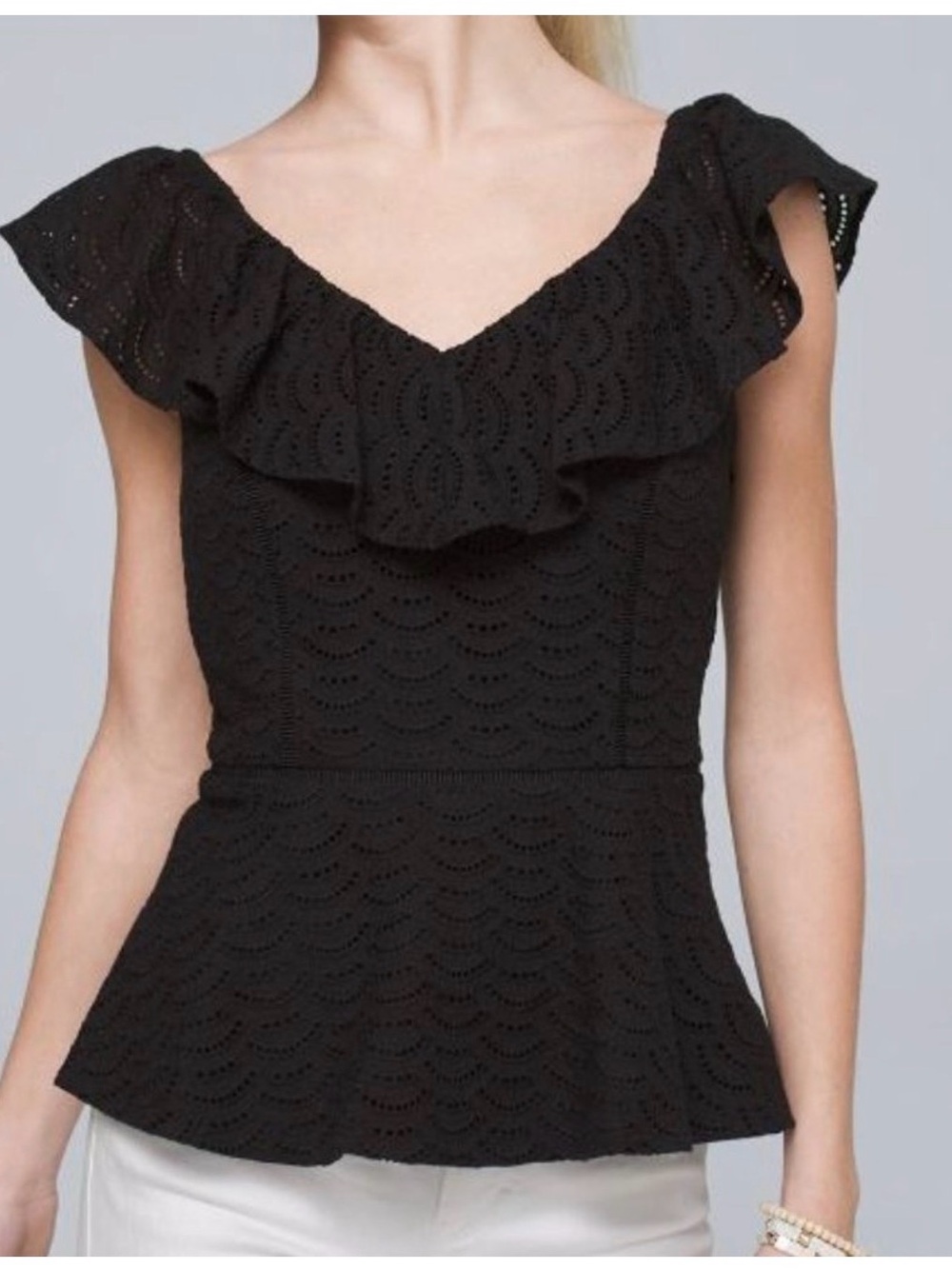 White House Black Market Black Eyelet Ruffle Peplum Blouse